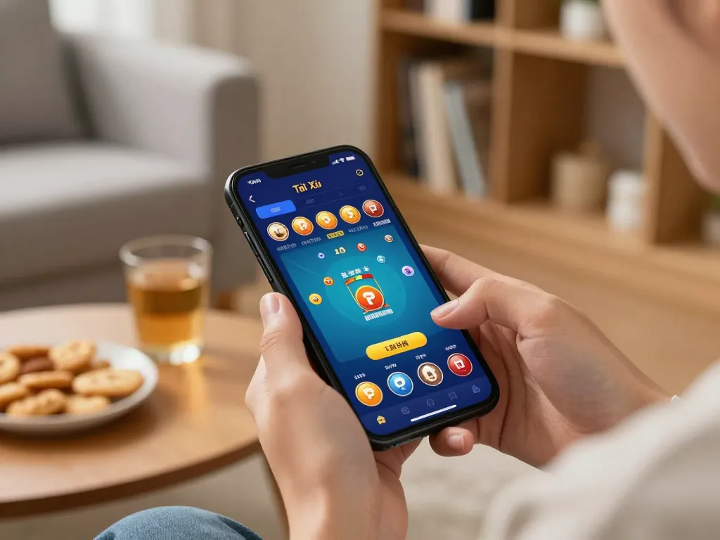 Engaged player utilizing the taixiuonline mobile app in a cozy living room setting, showcasing dynamic gameplay.