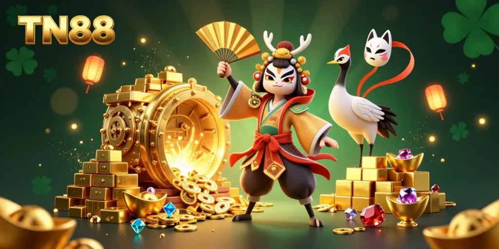 Experience excitement at TN88 with 3D kabuki warrior and treasures in a vibrant casino scene.
