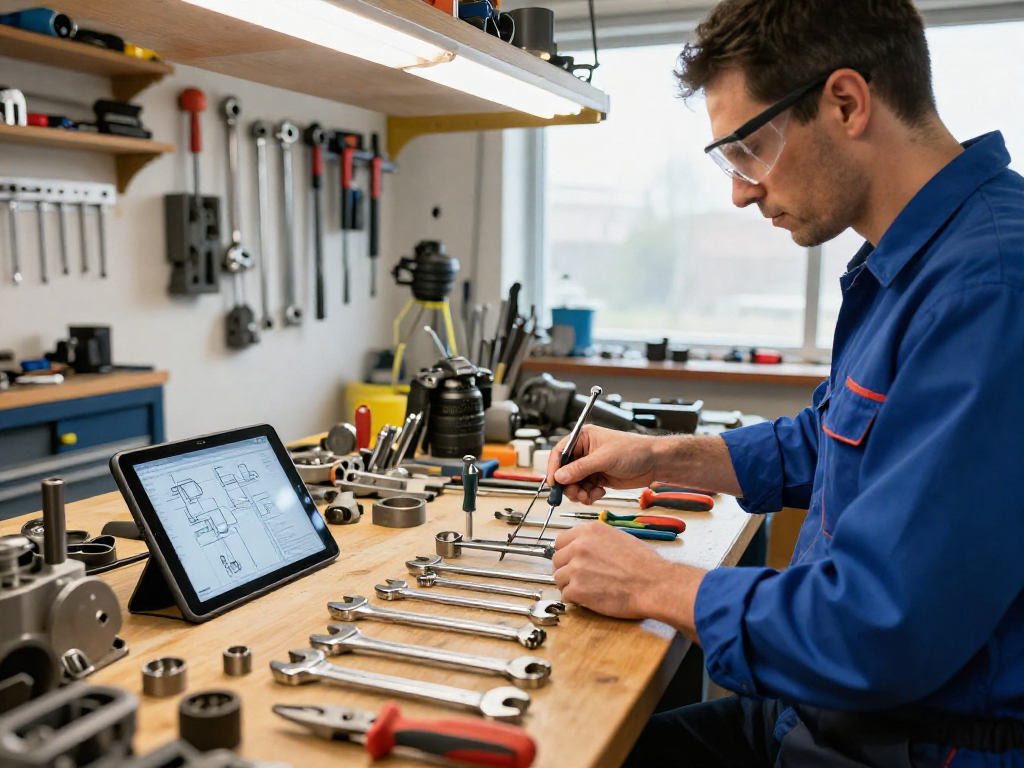 Technician using ks tools in a well-lit workshop, focused on precision tasks.