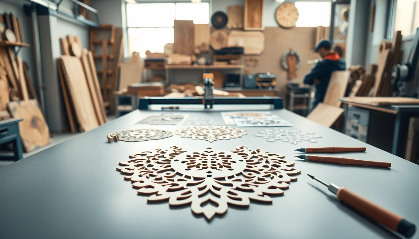 Engage with laser cutting designs showcased on a stylish workspace, highlighting intricate craftsmanship.