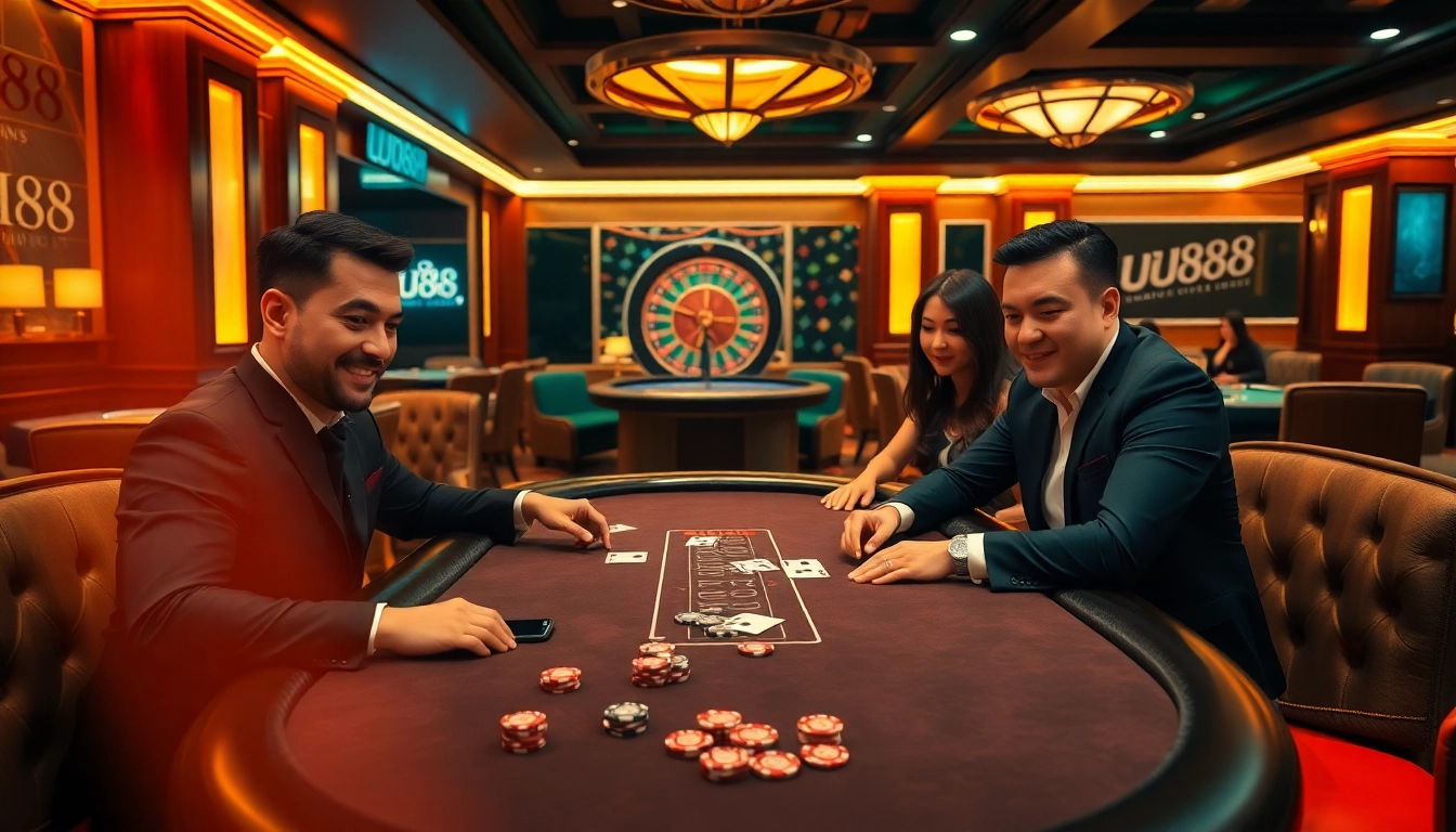 Engage in high-stakes poker at the luxurious UU88 table with vibrant casino atmosphere.