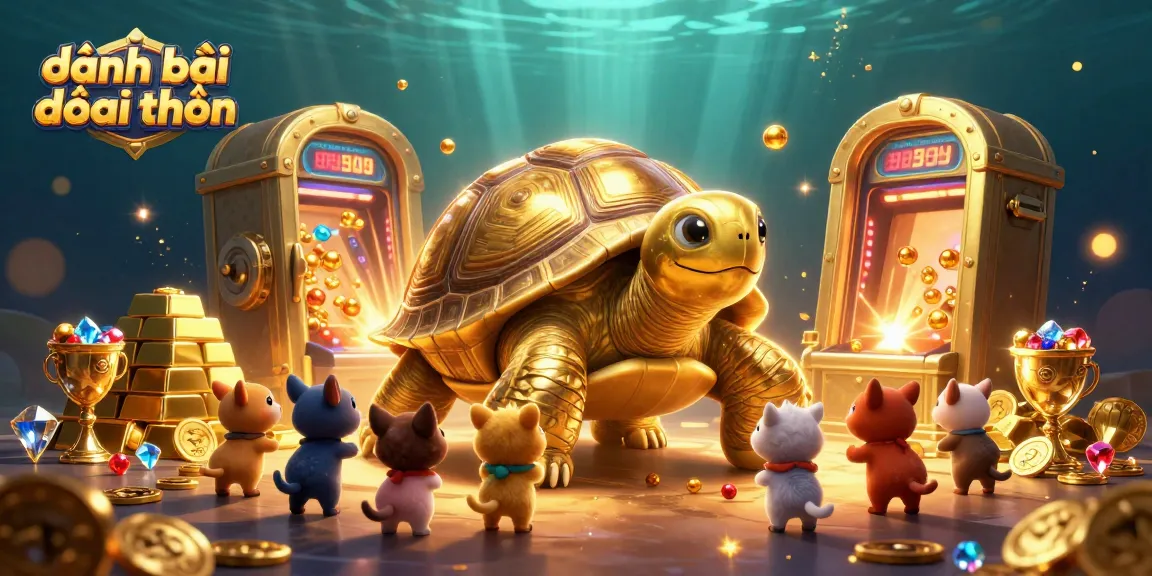 Engaging online game scene of đánh bài đổi thưởng featuring a vibrant golden tortoise and treasure.
