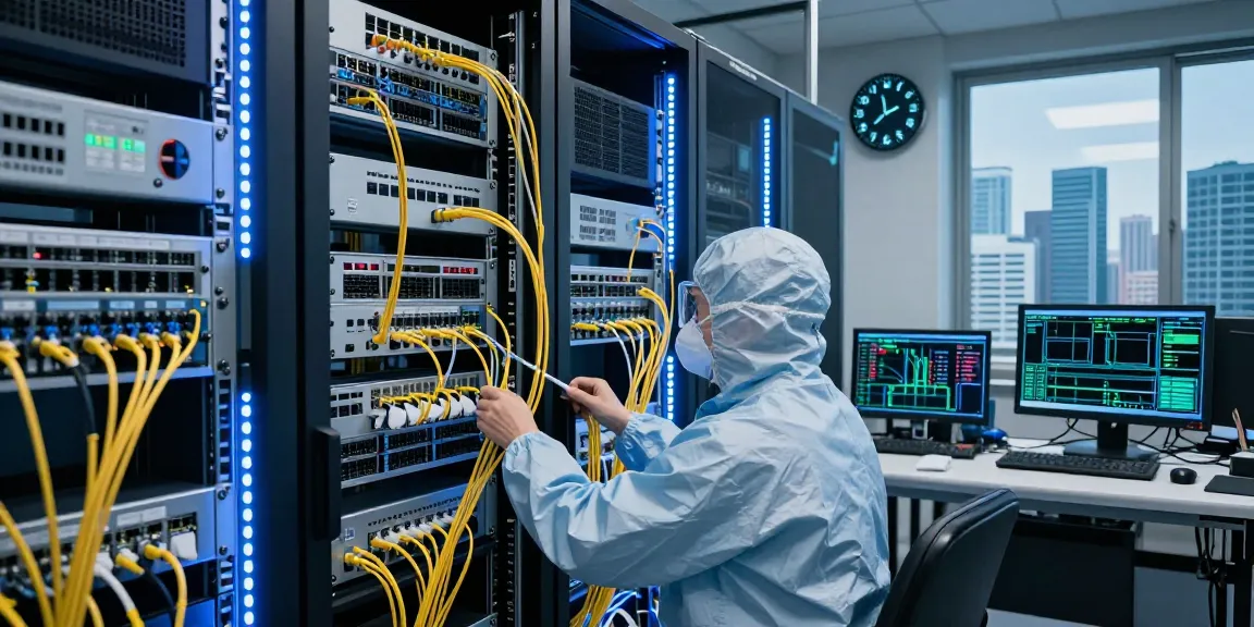 Engineer inspecting a high-performance fiber optic network in a modern data center, surrounded by advanced networking equipment and real-time data.