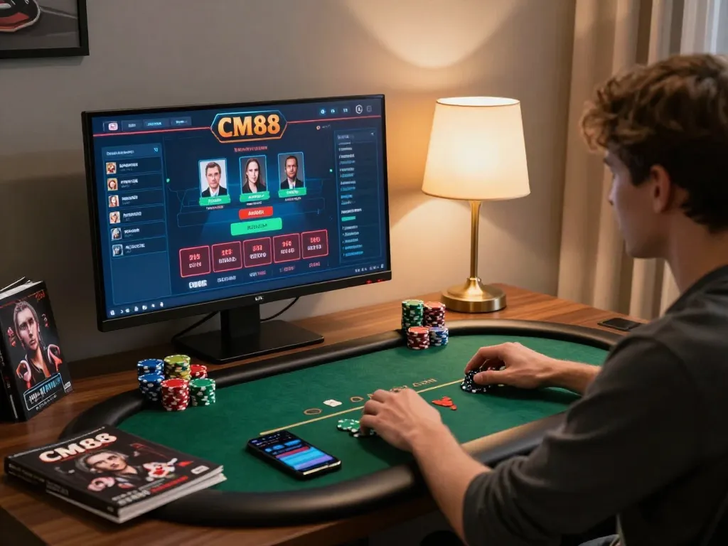CM88 player engaged in high-stakes online poker with vibrant chips and strategic notes.