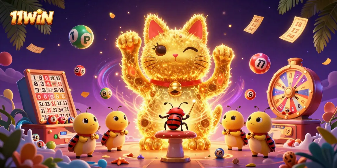 Join the excitement at 11WIN with vibrant lottery elements and a lucky cat in motion.