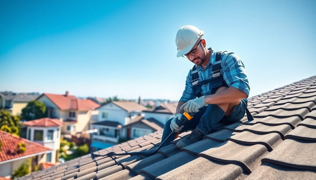 Expert roof repair Bay Area technician inspecting a rooftop in bright daylight.