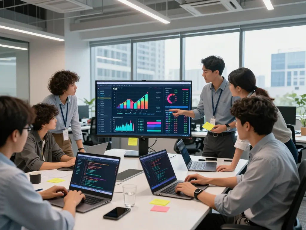 Team analyzing HBET data in a modern tech office with vibrant charts.