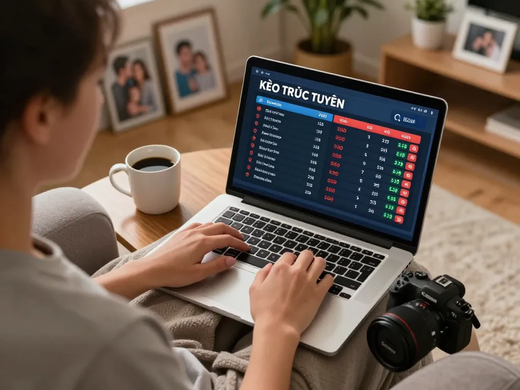 KÈO TRỰC TUYẾN betting experience on a laptop in a cozy living room, emphasizing comfortable online gaming atmosphere