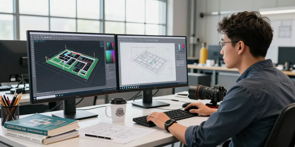 Engineer utilizing Plant 3D modeling tools at a modern design workstation, showcasing detailed engineering diagrams and 3D layouts.