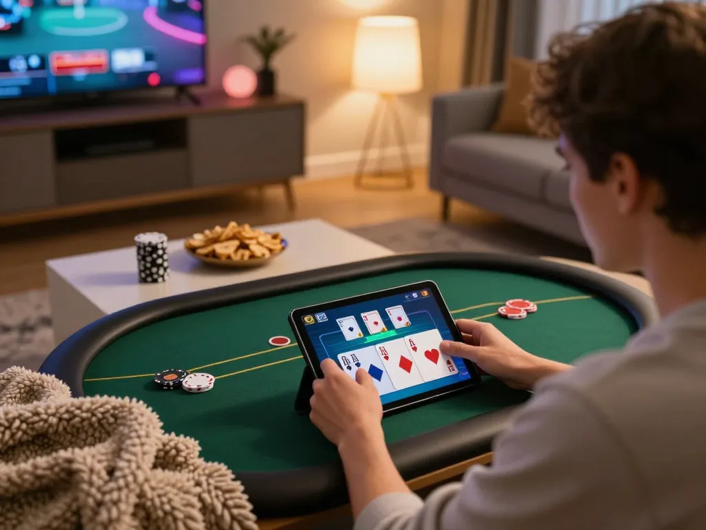 Engaging in thrilling poker games on sunwin using a tablet in a cozy home environment