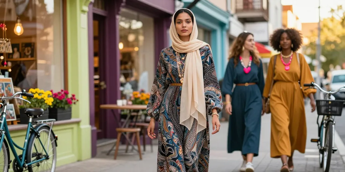 Elegant woman in modest fashion enjoying the vibrant city scene.