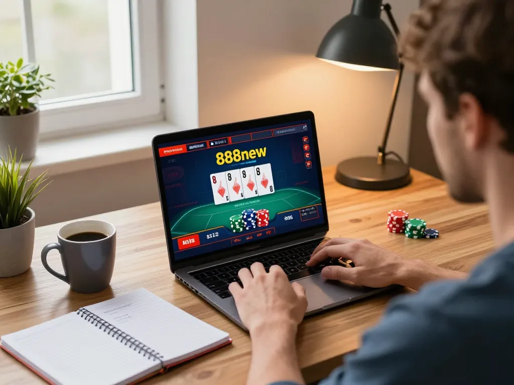 Engaged player using 888new poker site on laptop for strategic online gaming at home