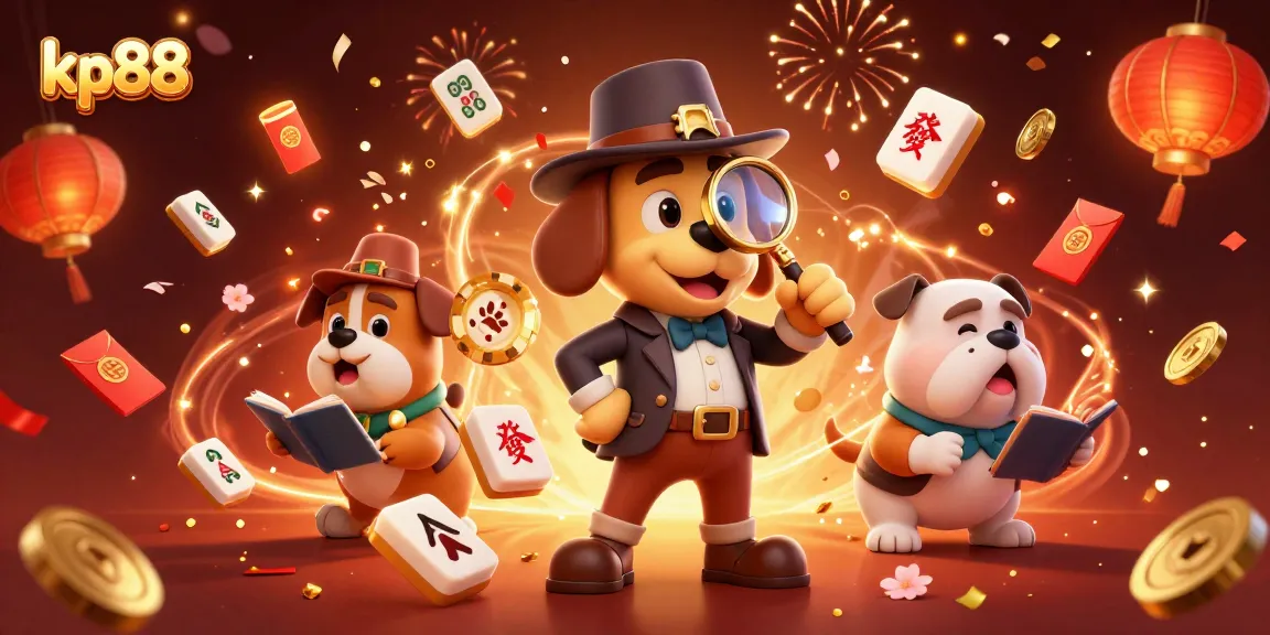 Experience the thrill of kp88 with a detective and bulldog uncovering jackpot hints amid celebratory casino elements.