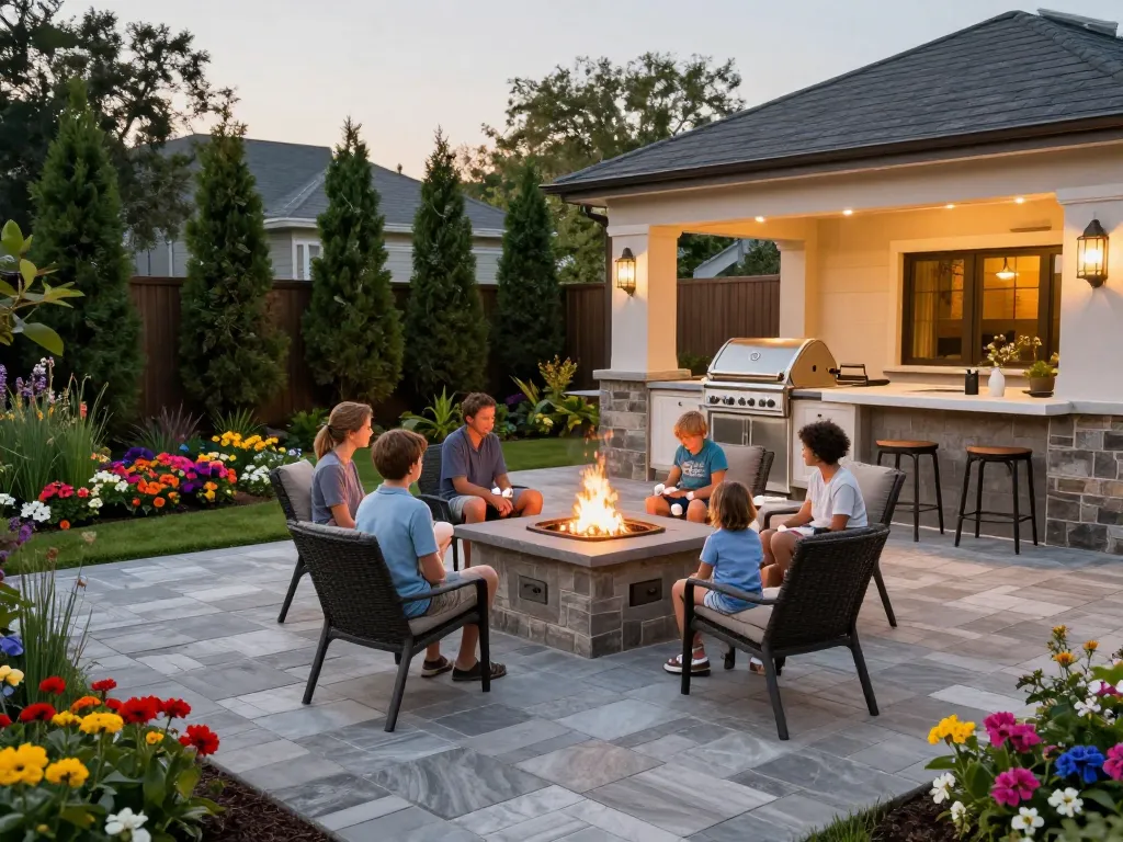 Family enjoying a cozy evening around a fire pit on quality Brick pavers near me in a beautifully landscaped backyard.