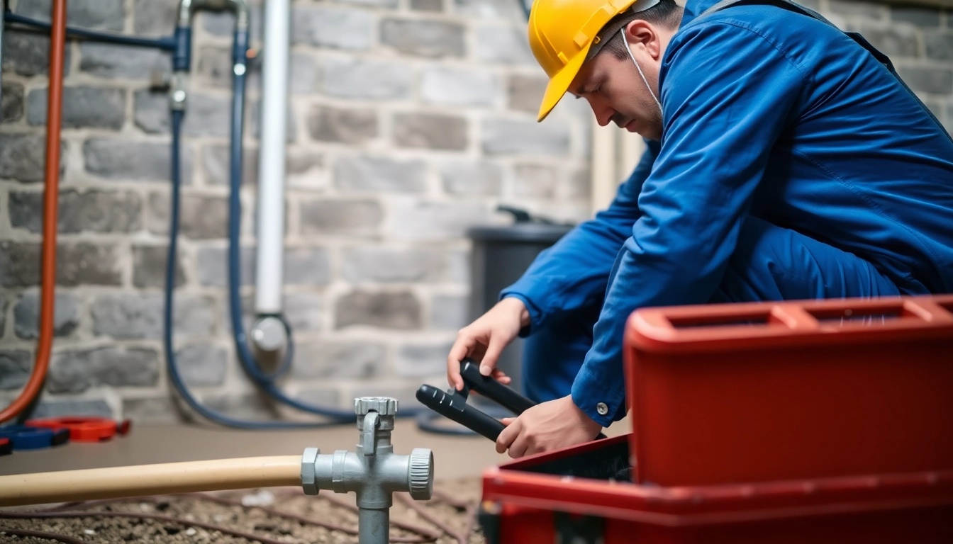 Emergency plumbing help for sewer backup: licensed plumber fixing a sewage issue in a basement.