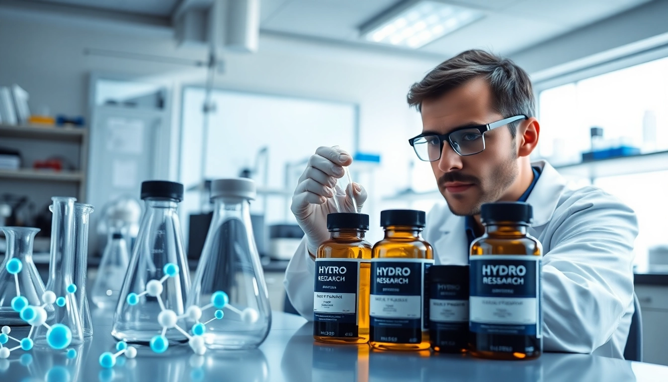 Analyze Hydro Research peptides in a professional lab, showcasing vibrant colors and modern equipment.