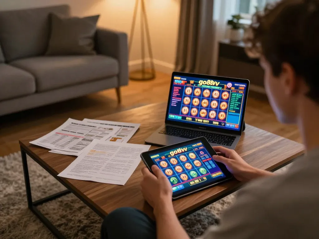 Player enjoying go88vv slots on tablet in cozy home gaming setup, immersed in online casino experience.
