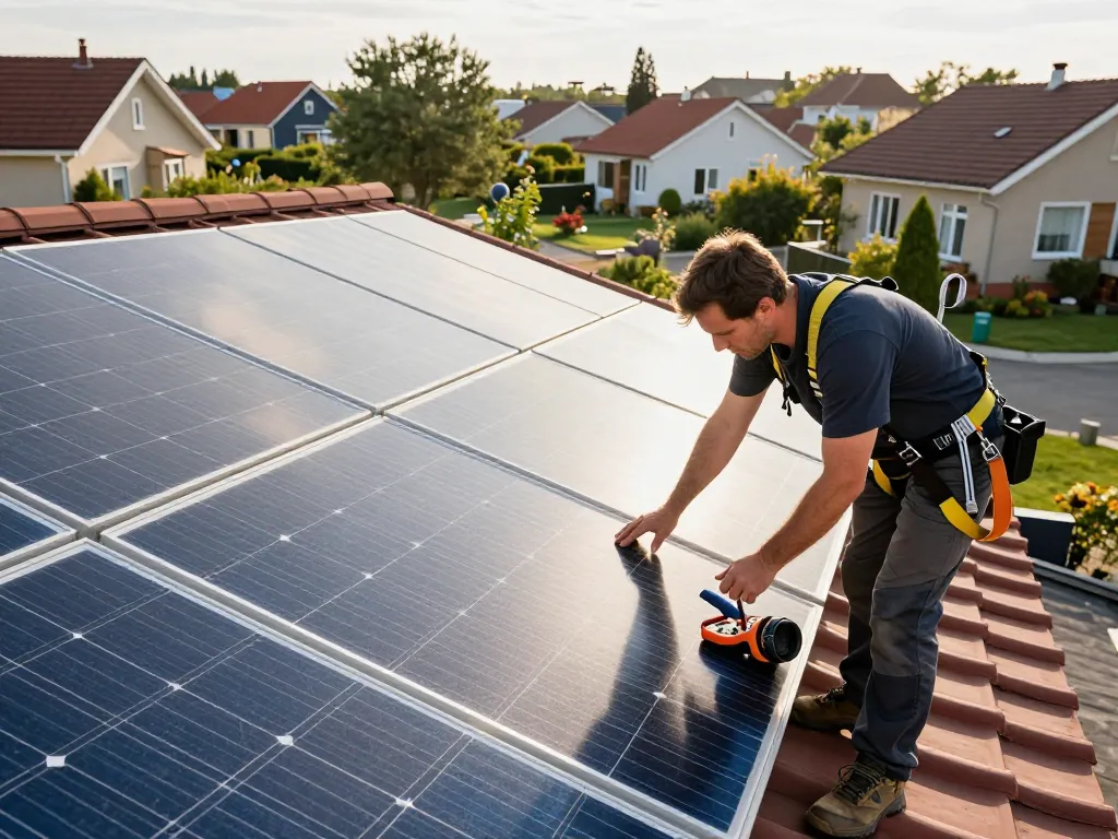 Technologia TOPCon w fotowoltaice showcased by technician inspecting high-efficiency solar panels on a residential rooftop.