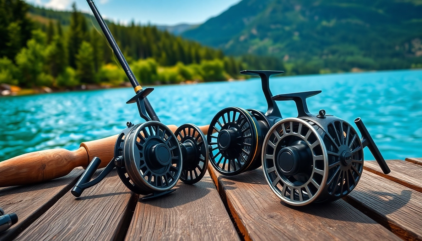 Showcasing the best fly fishing reels on a wooden deck with a serene lake view.