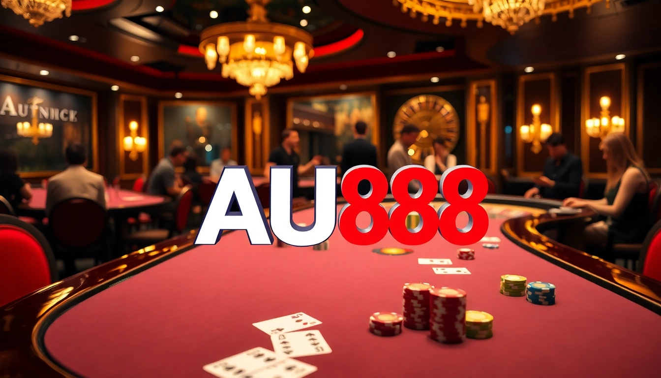 Players enjoying a thrilling poker game at AU88 casino with vibrant casino elements.