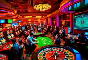 Players enjoying a thrilling moment at nohu90 virtual casino, featuring vibrant slot machines and roulette.