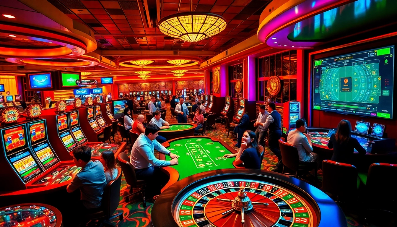 Players enjoying a thrilling moment at nohu90 virtual casino, featuring vibrant slot machines and roulette.