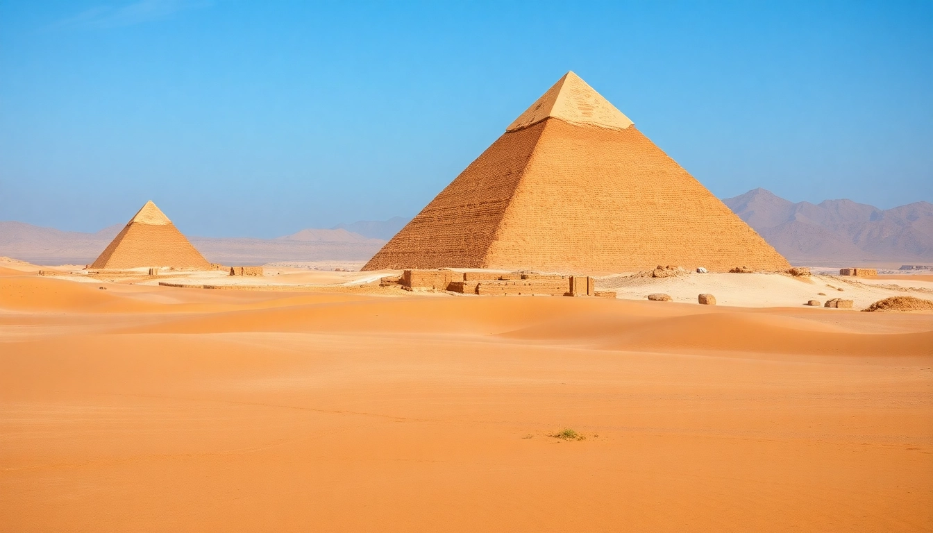 Pyramids of Giza at https://piraminds.com/ showcasing their architecture amidst the desert.