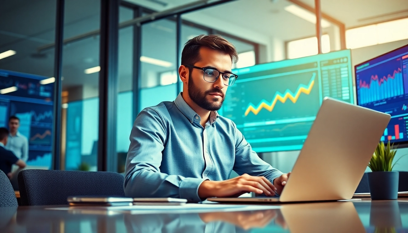 Marketing Consultant analyzing data in a modern office setting for strategy development.