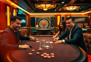 Engage in high-stakes poker at the luxurious UU88 table with vibrant casino atmosphere.