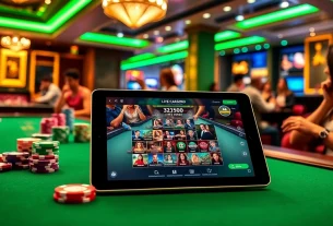 Players enjoying the lc88 app at a vibrant online casino with table games and a tablet.
