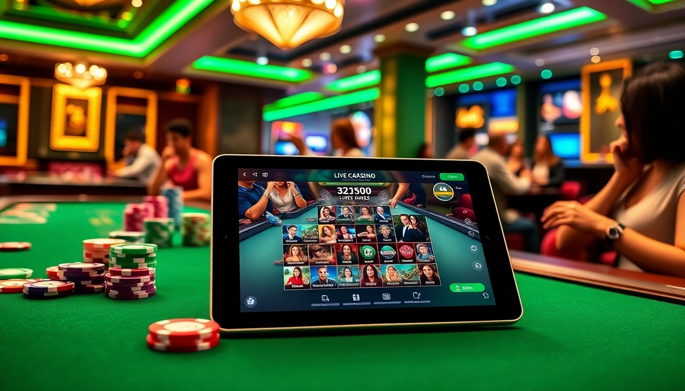 Players enjoying the lc88 app at a vibrant online casino with table games and a tablet.