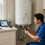 Plumber inspecting a water heater in a San Diego kitchen, showcasing essential plumbing services San Diego.