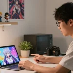 Interactive ecchi AI chat scene with a young man enjoying animated character interactions in a cozy home office.