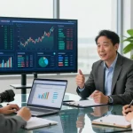 Financial advisor guiding a couple through financial planning in a modern office.