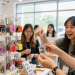 Colorful personalized keychains displayed in a retail store, showcasing unique designs and customer engagement.