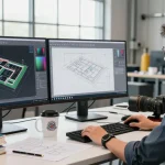 Engineer utilizing Plant 3D modeling tools at a modern design workstation, showcasing detailed engineering diagrams and 3D layouts.