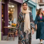 Elegant woman in modest fashion enjoying the vibrant city scene.