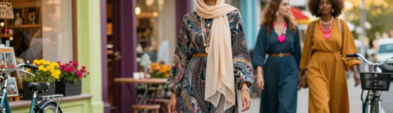 Elegant woman in modest fashion enjoying the vibrant city scene.
