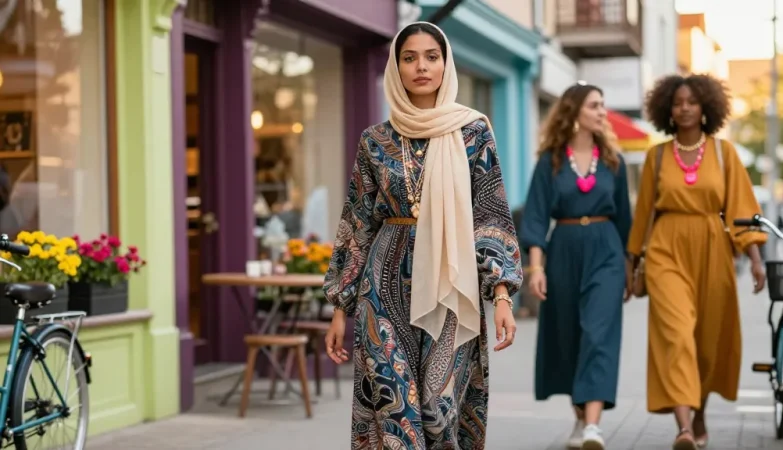 Elegant woman in modest fashion enjoying the vibrant city scene.