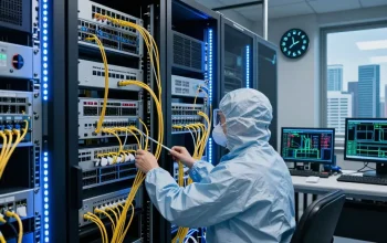 Engineer inspecting a high-performance fiber optic network in a modern data center, surrounded by advanced networking equipment and real-time data.